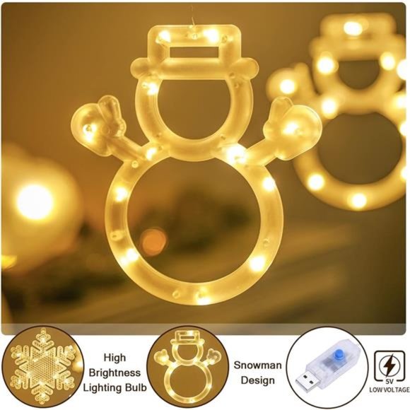 Window Lights Christmas Decor 9.8ft 5 Snowmen and 5 Snowflakes Icicle Lights USB - Picture 3 of 6
